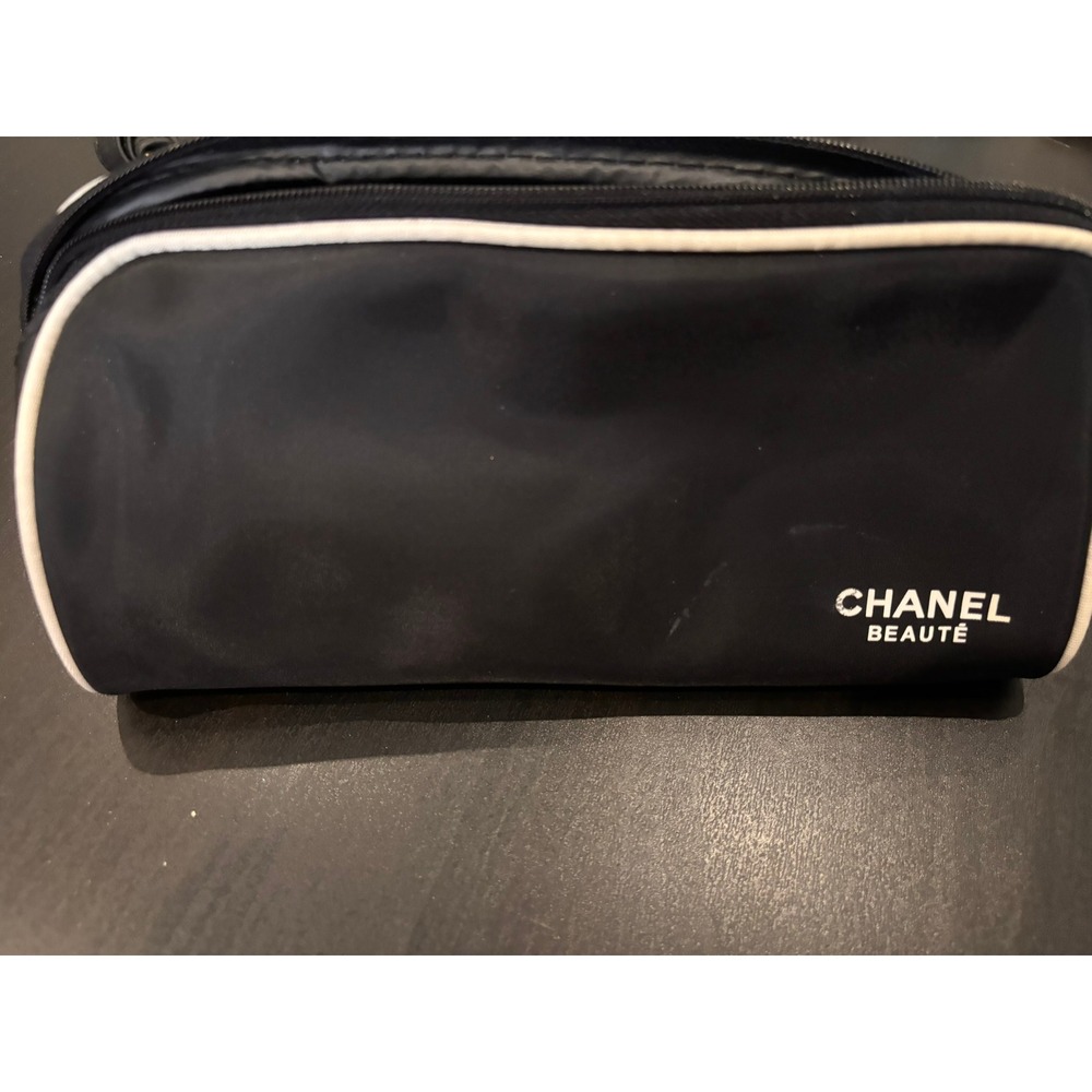 Chanel Beaute Black Nylon Cosmetic Bag Travel Makeup Pouch White Logo Piping
